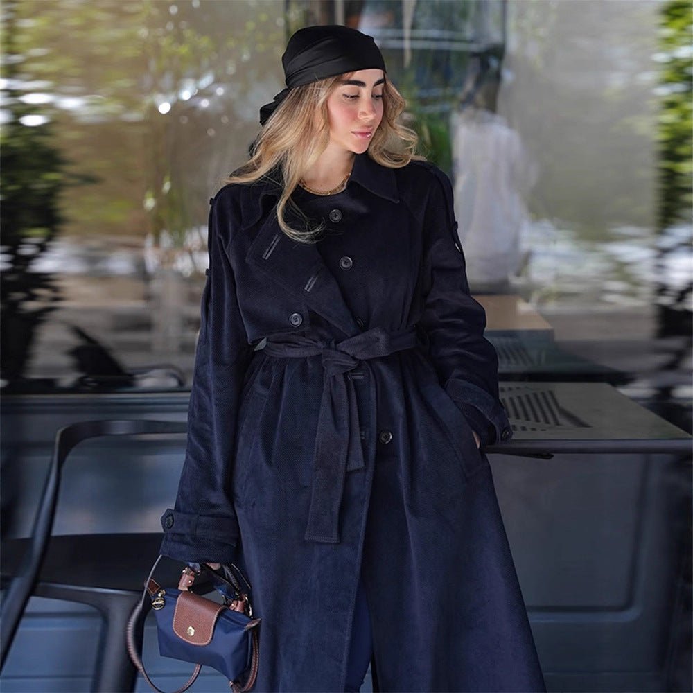 Women's longer cord trench coat with tie belt and oversized shoulders Chichicherry - Chichicherry