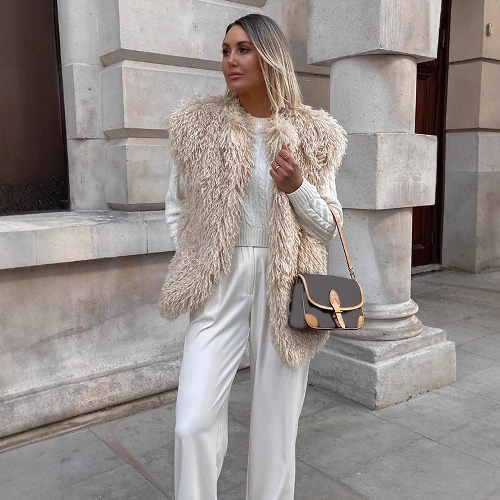 Women's Longer Cozy Faux Fur Vest with Shaggy Look and Front Pockets Chichicherry - Chichicherry