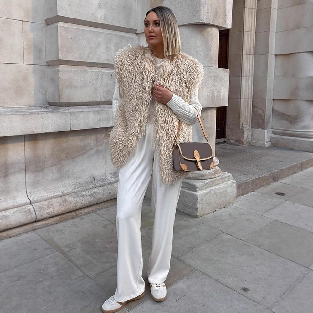 Women's Longer Cozy Faux Fur Vest with Shaggy Look and Front Pockets Chichicherry - Chichicherry