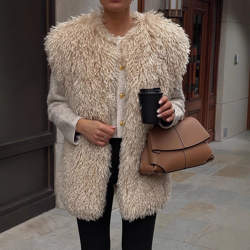 Women's Longer Cozy Faux Fur Vest with Shaggy Look and Front Pockets Chichicherry - Chichicherry