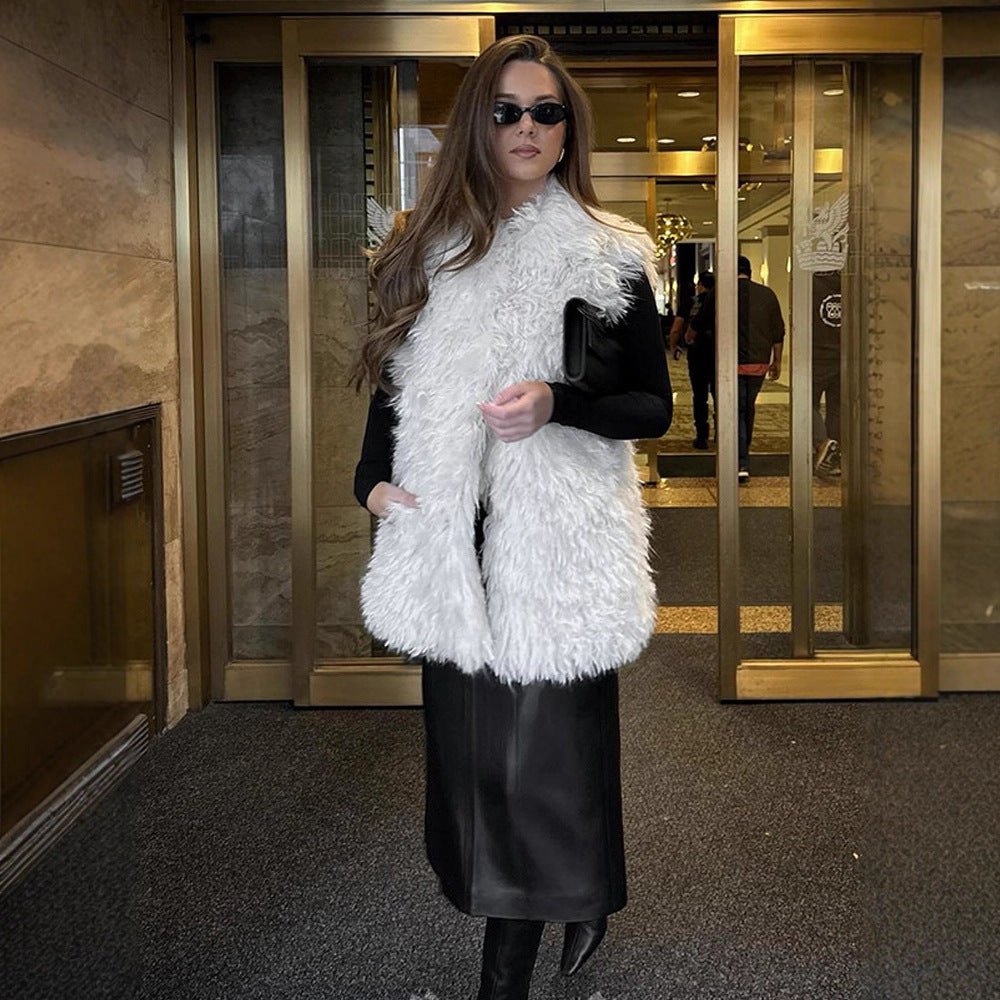 Women's Longer Cozy Faux Fur Vest with Shaggy Look and Front Pockets Chichicherry - Chichicherry