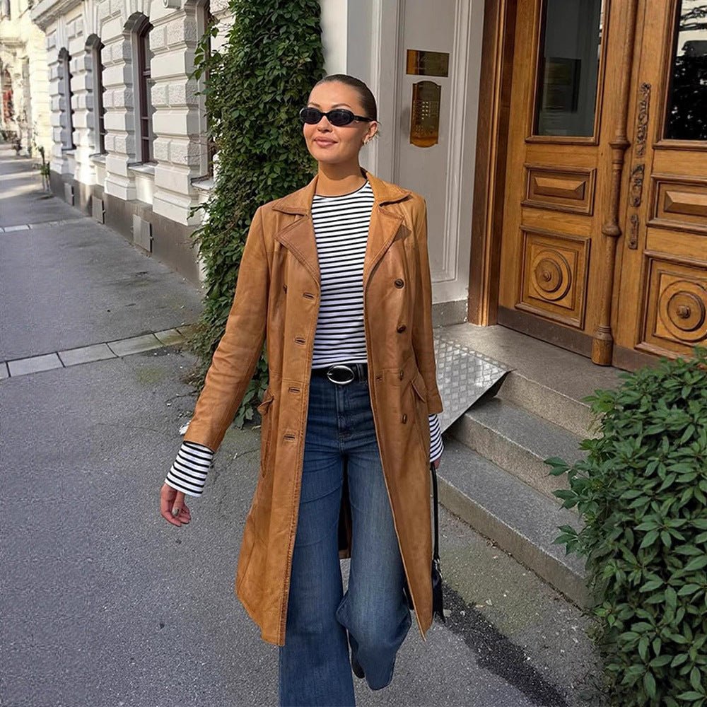 Women's Longer Tailored Leather Trench Coat with Double-Breasted Button Placket and Notched Collar Chichicherry - Chichicherry