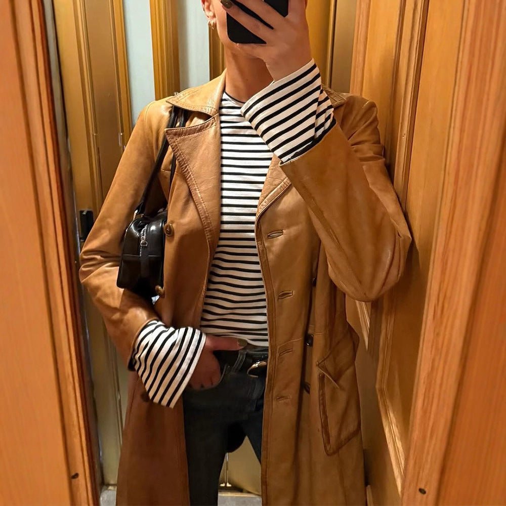 Women's Longer Tailored Leather Trench Coat with Double-Breasted Button Placket and Notched Collar Chichicherry - Chichicherry