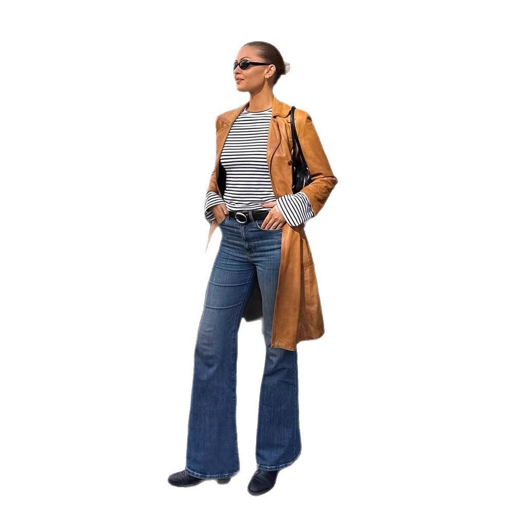 Women's Longer Tailored Leather Trench Coat with Double-Breasted Button Placket and Notched Collar Chichicherry - Chichicherry
