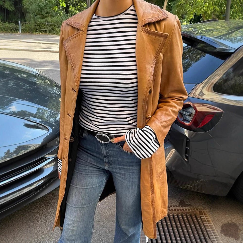 Women's Longer Tailored Leather Trench Coat with Double-Breasted Button Placket and Notched Collar Chichicherry - Chichicherry