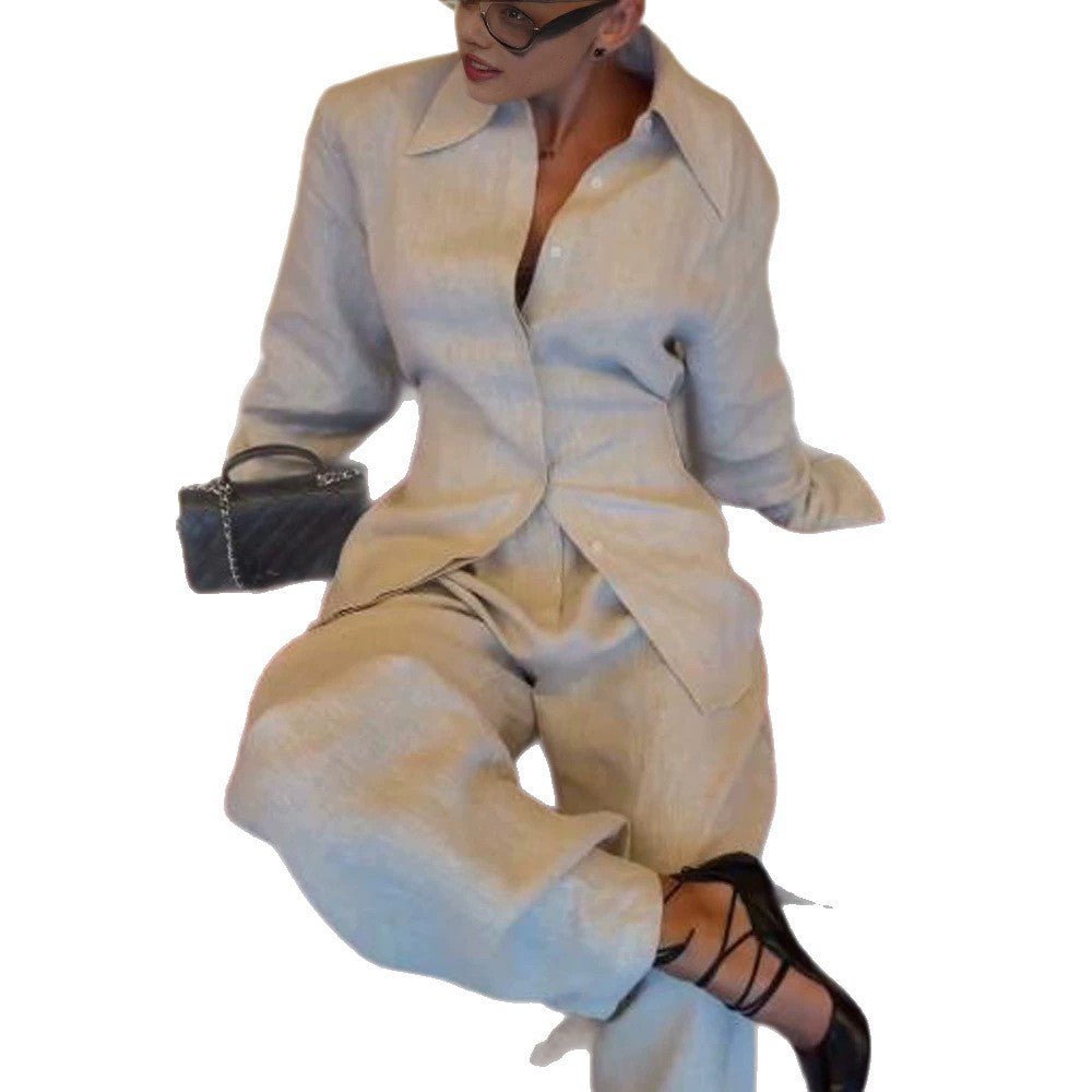 Women's Loose Linen Two-Piece with Boxy Shirt Blazer and Wide Palazzo Pants Chichicherry - Chichicherry