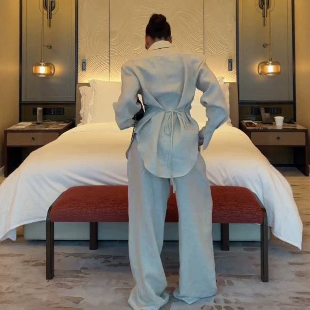 Women's Loose Linen Two-Piece with Boxy Shirt Blazer and Wide Palazzo Pants Chichicherry - Chichicherry