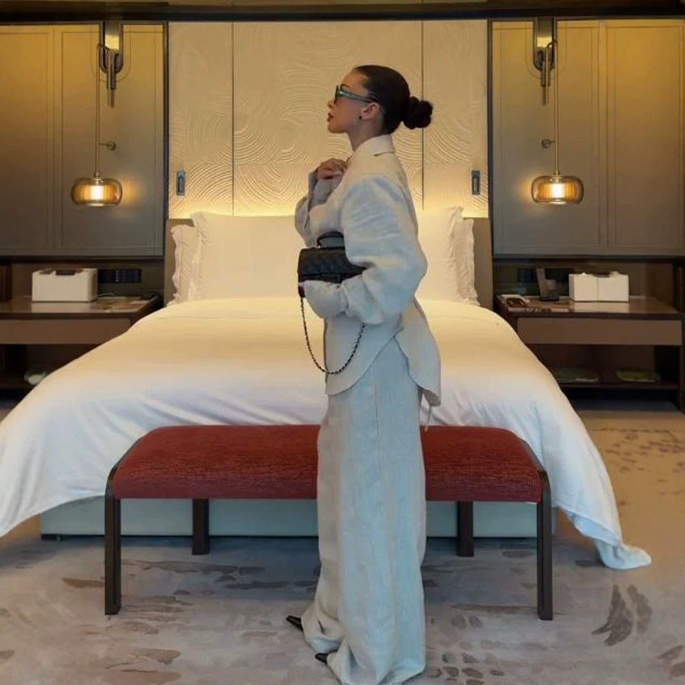 Women's Loose Linen Two-Piece with Boxy Shirt Blazer and Wide Palazzo Pants Chichicherry - Chichicherry