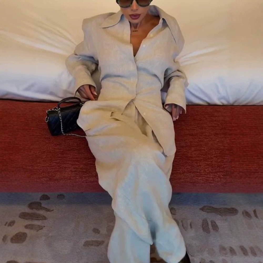 Women's Loose Linen Two-Piece with Boxy Shirt Blazer and Wide Palazzo Pants Chichicherry - Chichicherry