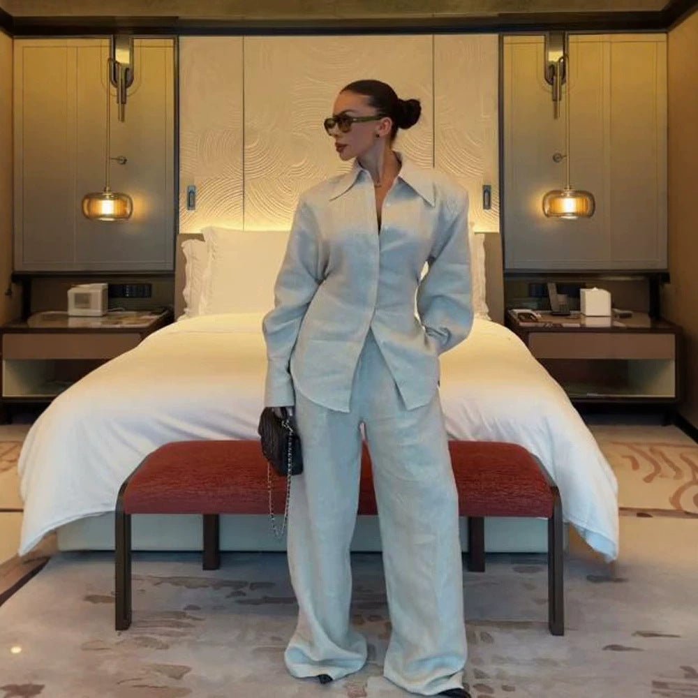Women's Loose Linen Two-Piece with Boxy Shirt Blazer and Wide Palazzo Pants Chichicherry - Chichicherry