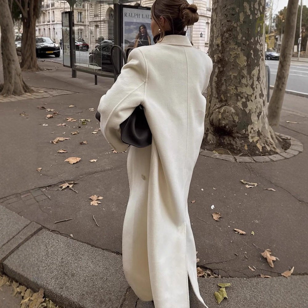 Women's Maxi Double-Breasted Wool Blend Coat with Oversized Cut and Lapel Collar Chichicherry - Chichicherry