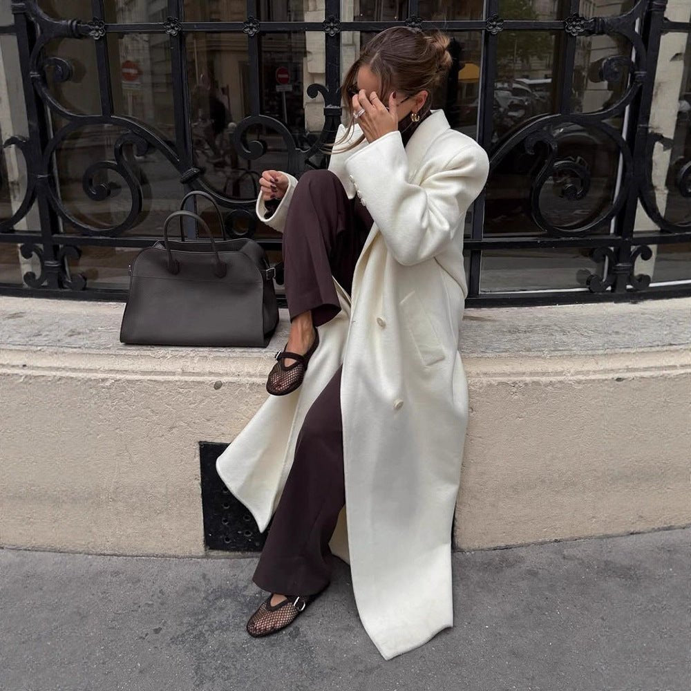 Women's Maxi Double-Breasted Wool Blend Coat with Oversized Cut and Lapel Collar Chichicherry - Chichicherry