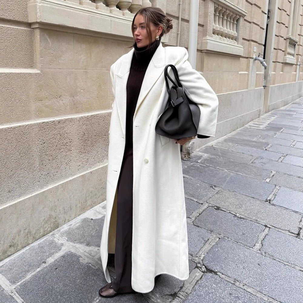 Women's Maxi Double-Breasted Wool Blend Coat with Oversized Cut and Lapel Collar Chichicherry - Chichicherry