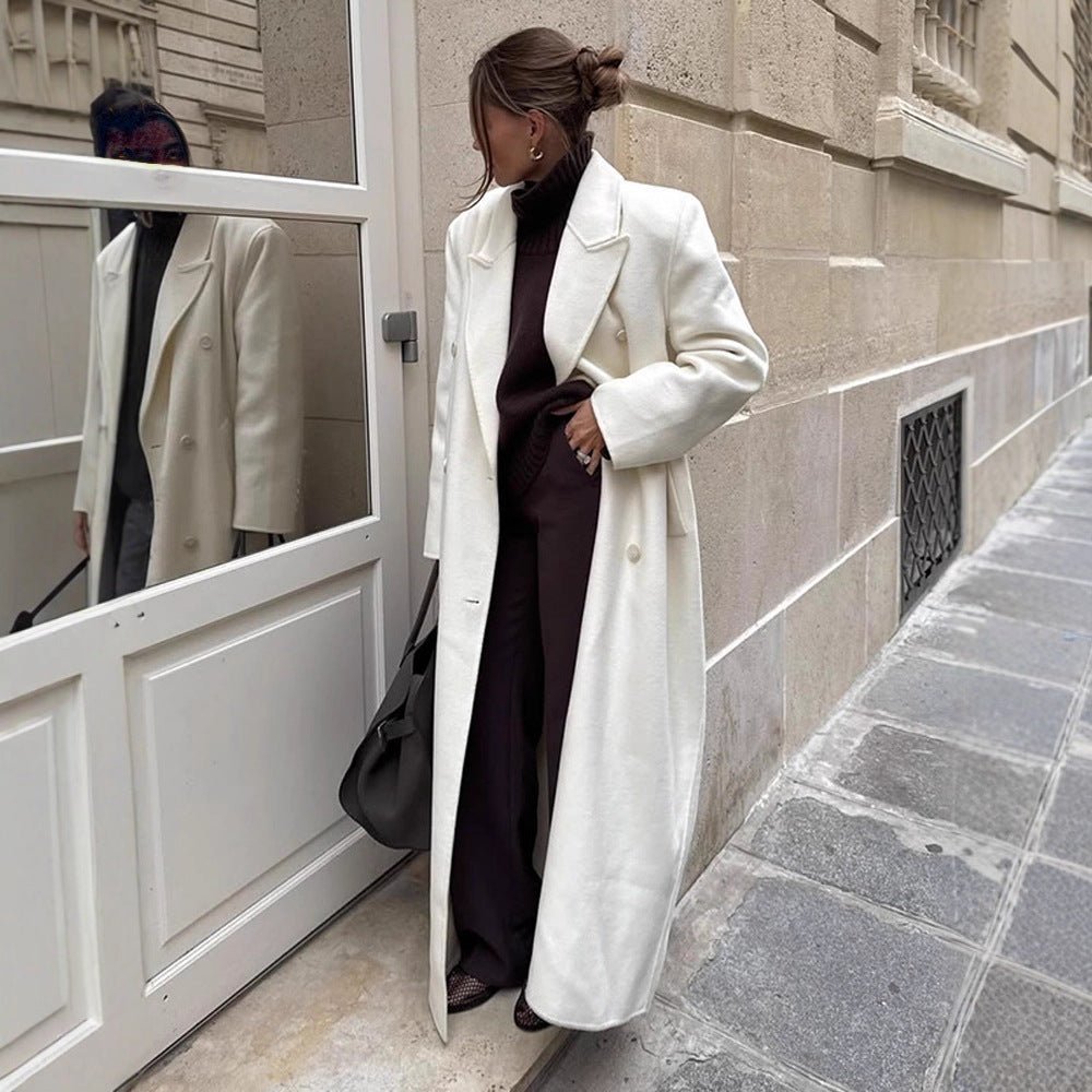 Women's Maxi Double-Breasted Wool Blend Coat with Oversized Cut and Lapel Collar Chichicherry - Chichicherry