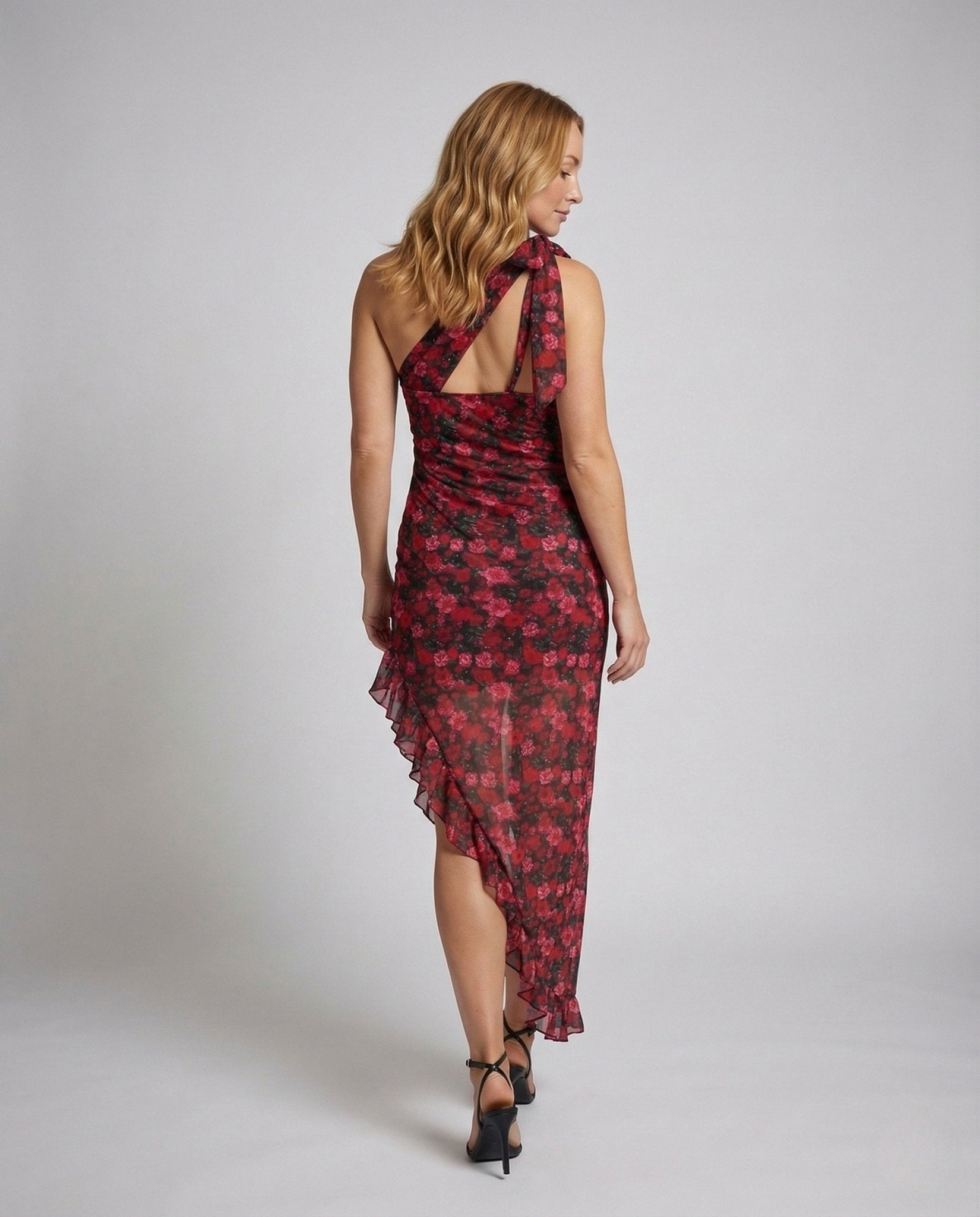 Women’s Maxi Dress Asymmetrical One Shoulder Ruffles - Chichicherry