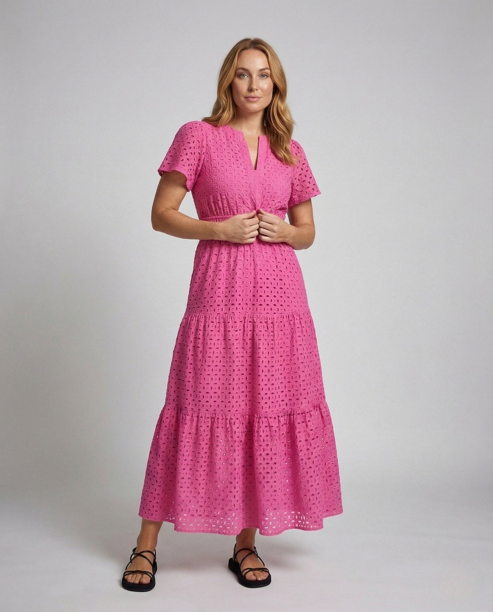 Women’s Maxi Dress Eyelet Embroidery Short Sleeve Tiered Skirt - Chichicherry