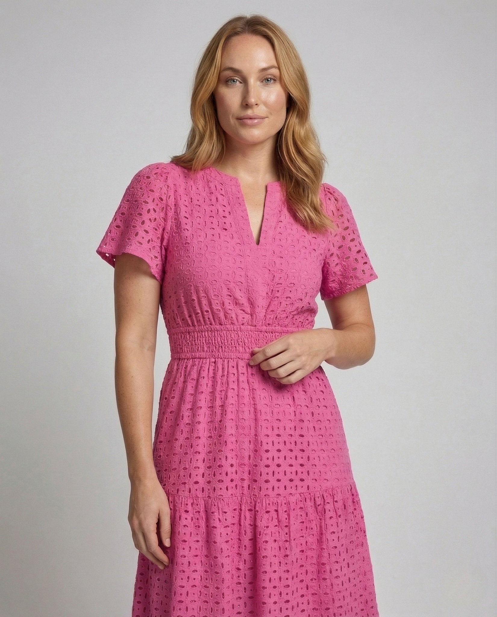 Women’s Maxi Dress Eyelet Embroidery Short Sleeve Tiered Skirt - Chichicherry
