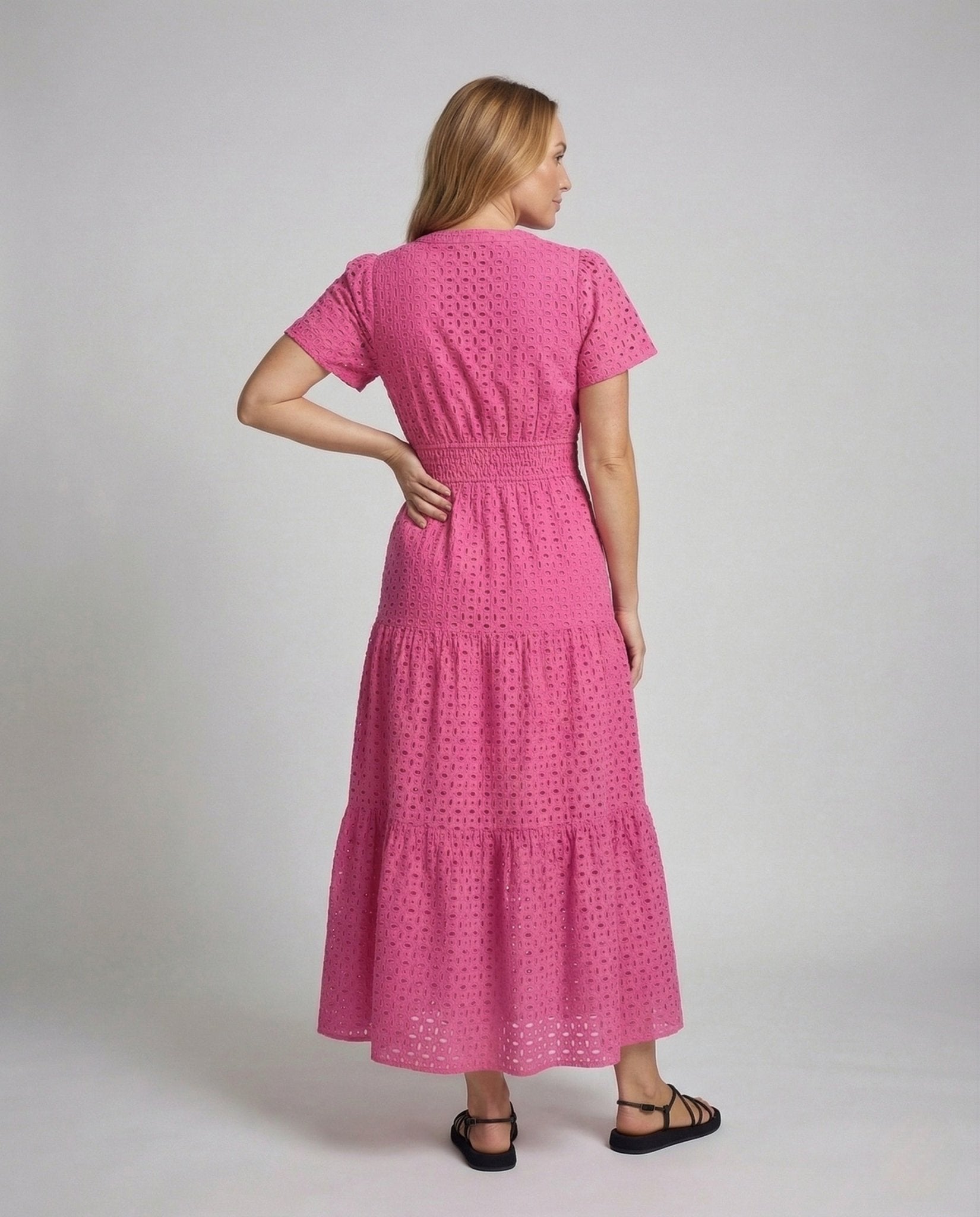 Women’s Maxi Dress Eyelet Embroidery Short Sleeve Tiered Skirt - Chichicherry