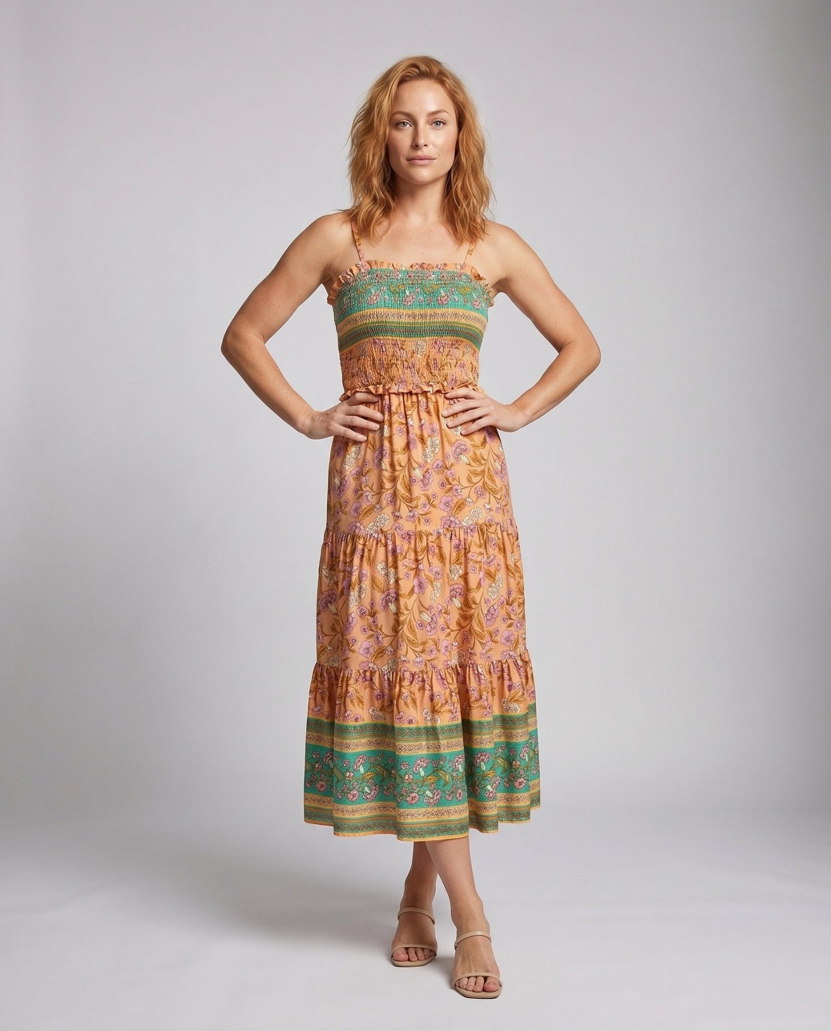 Women's maxi dress in boho style with elastic top and ruffled hem - Chichicherry