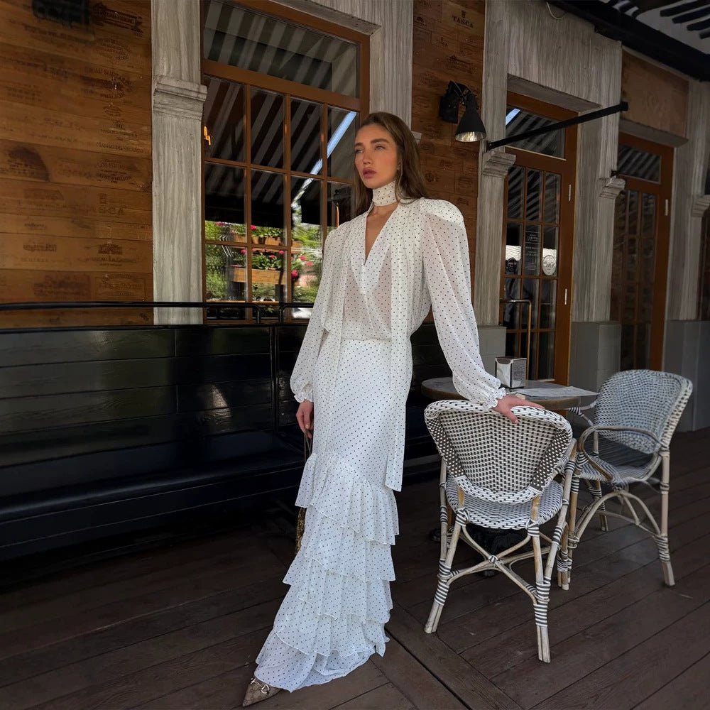 Women's Maxi Dress in Chiffon with Wrap Top, Bow and Tiered Ruffle Skirt Chichicherry - Chichicherry