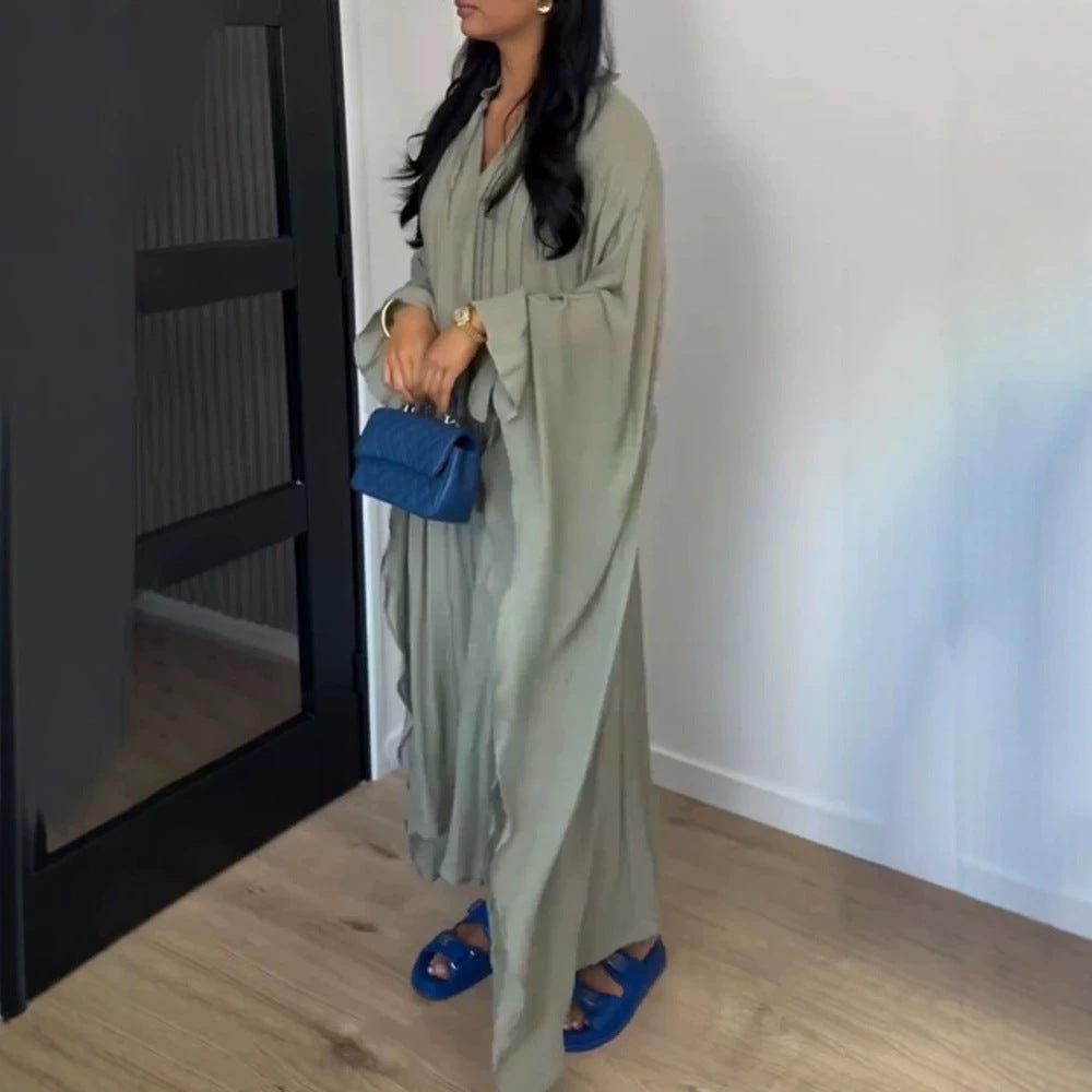 Women's maxi dress in kaftan style with ruffled collar, tie straps, and voluminous sleeves Chichicherry - Chichicherry