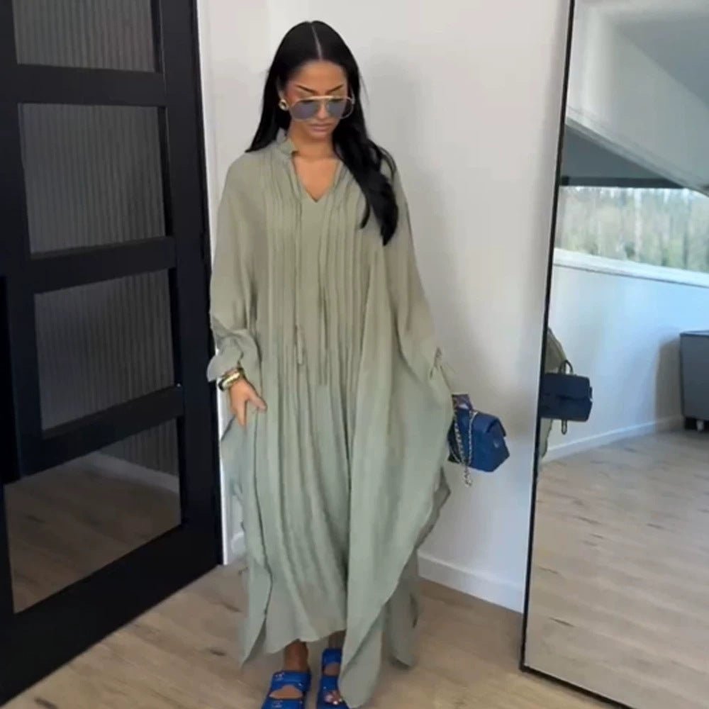 Women's maxi dress in kaftan style with ruffled collar, tie straps, and voluminous sleeves Chichicherry - Chichicherry