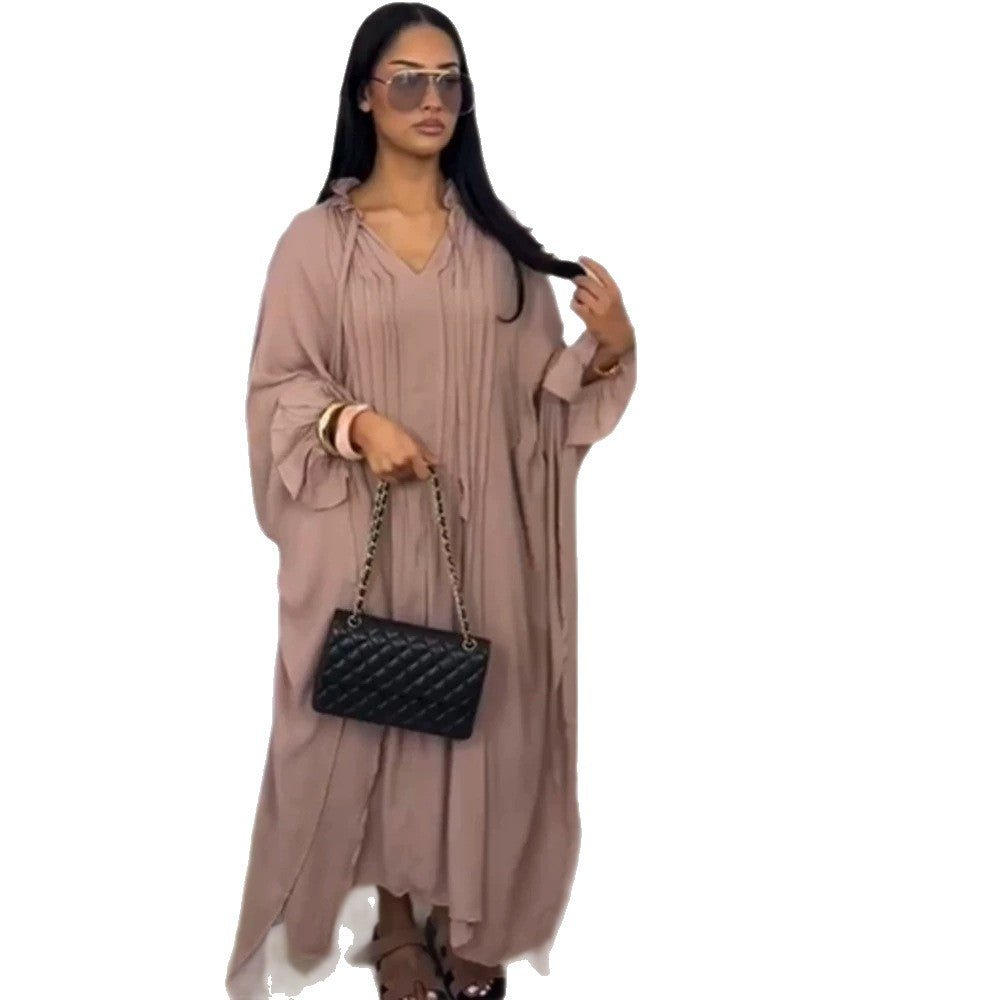 Women's maxi dress in kaftan style with ruffled collar, tie straps, and voluminous sleeves Chichicherry - Chichicherry