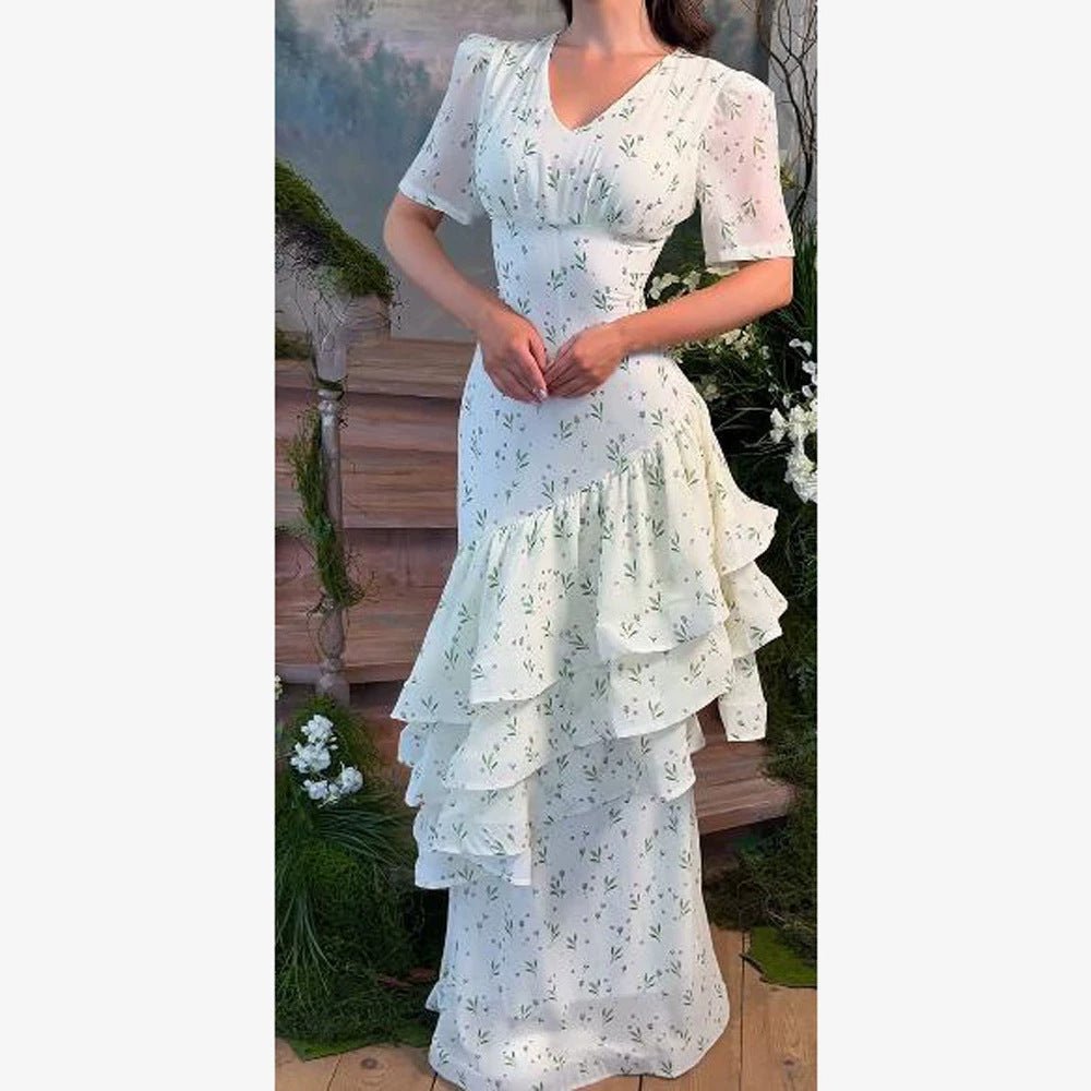 Women’s maxi dress in vintage-romantic style with asymmetric ruffles and puff sleeves Chichicherry - Chichicherry