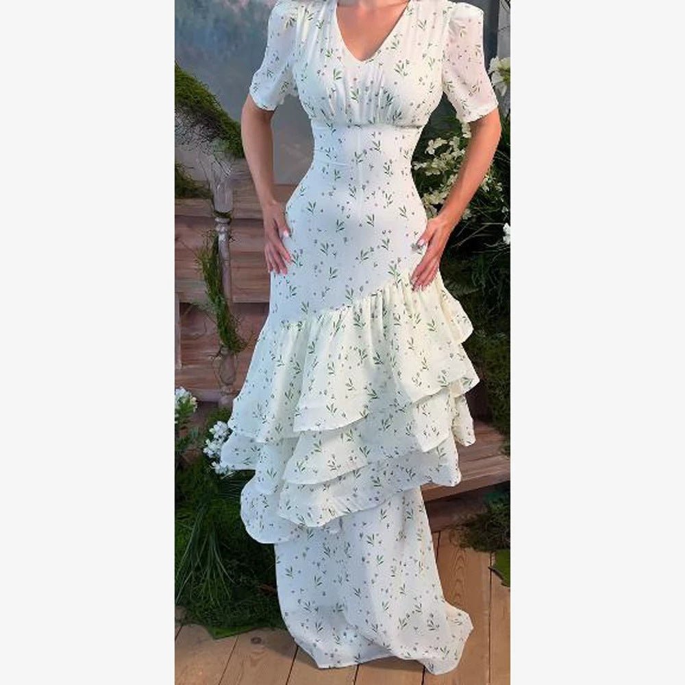 Women’s maxi dress in vintage-romantic style with asymmetric ruffles and puff sleeves Chichicherry - Chichicherry