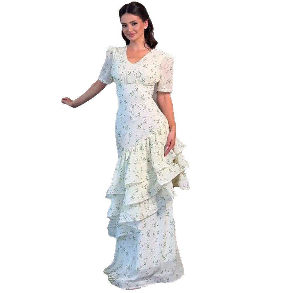 Women’s maxi dress in vintage-romantic style with asymmetric ruffles and puff sleeves Chichicherry - Chichicherry