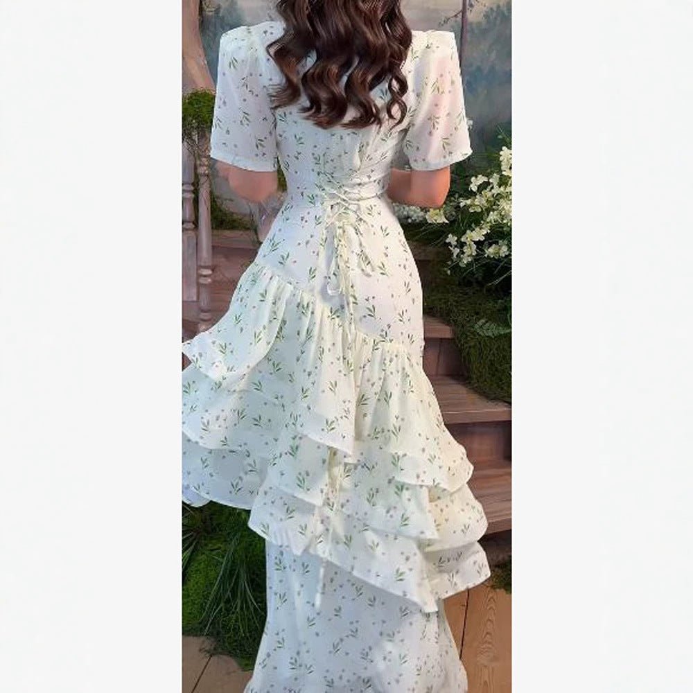 Women’s maxi dress in vintage-romantic style with asymmetric ruffles and puff sleeves Chichicherry - Chichicherry