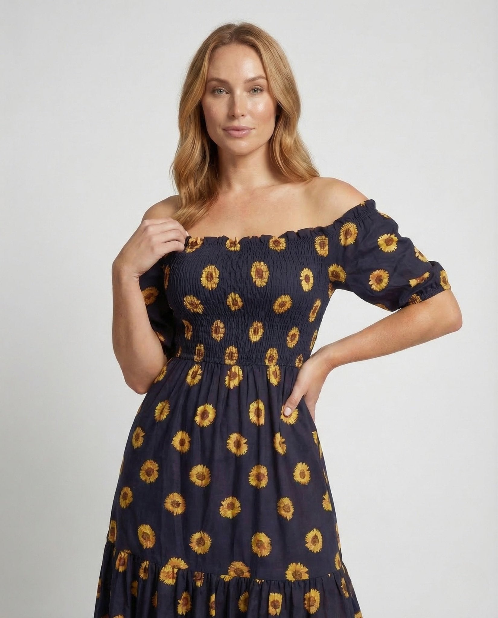 Women's Maxi Dress Off - Shoulder Smocked Bodice - Chichicherry