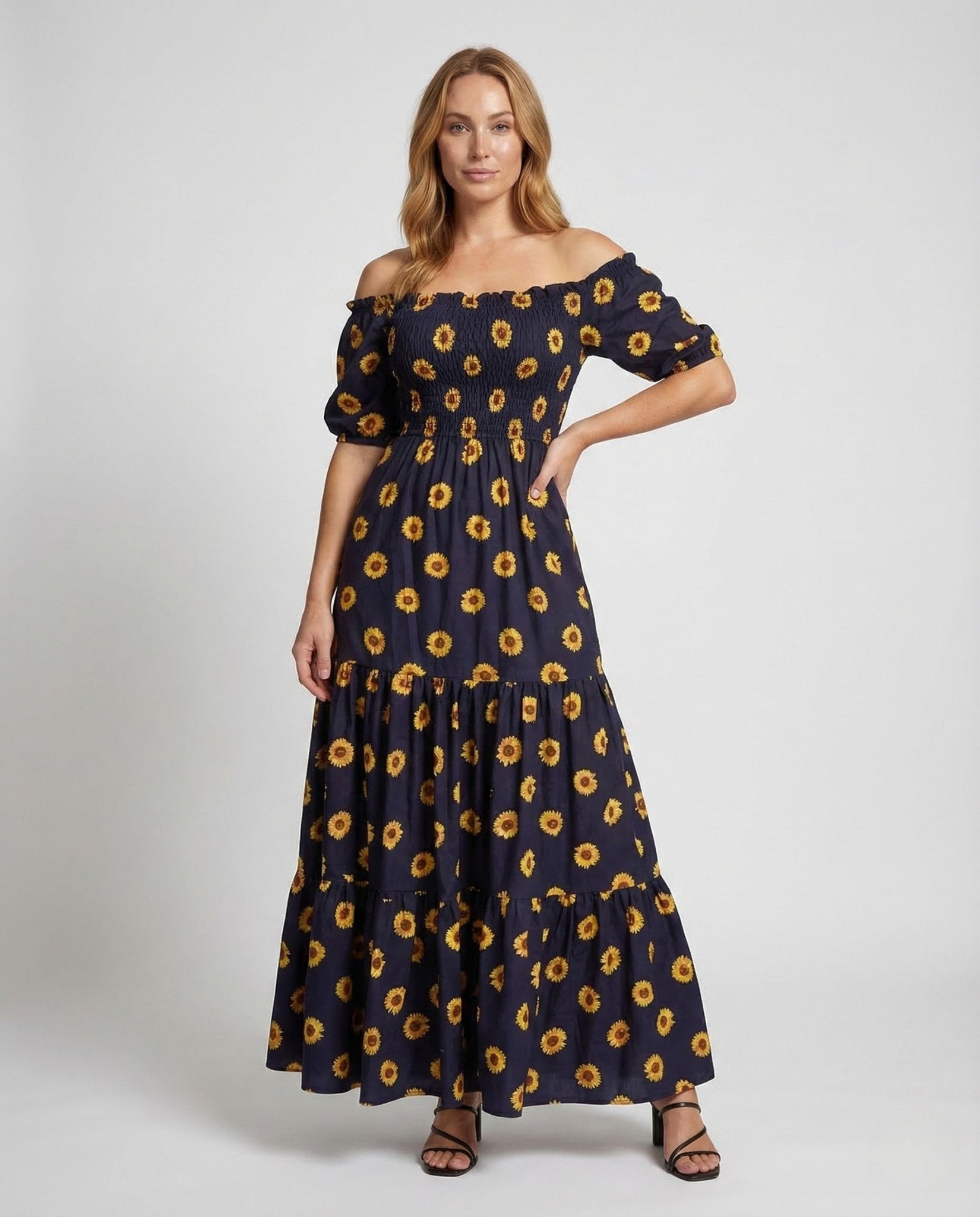 Women's Maxi Dress Off - Shoulder Smocked Bodice - Chichicherry