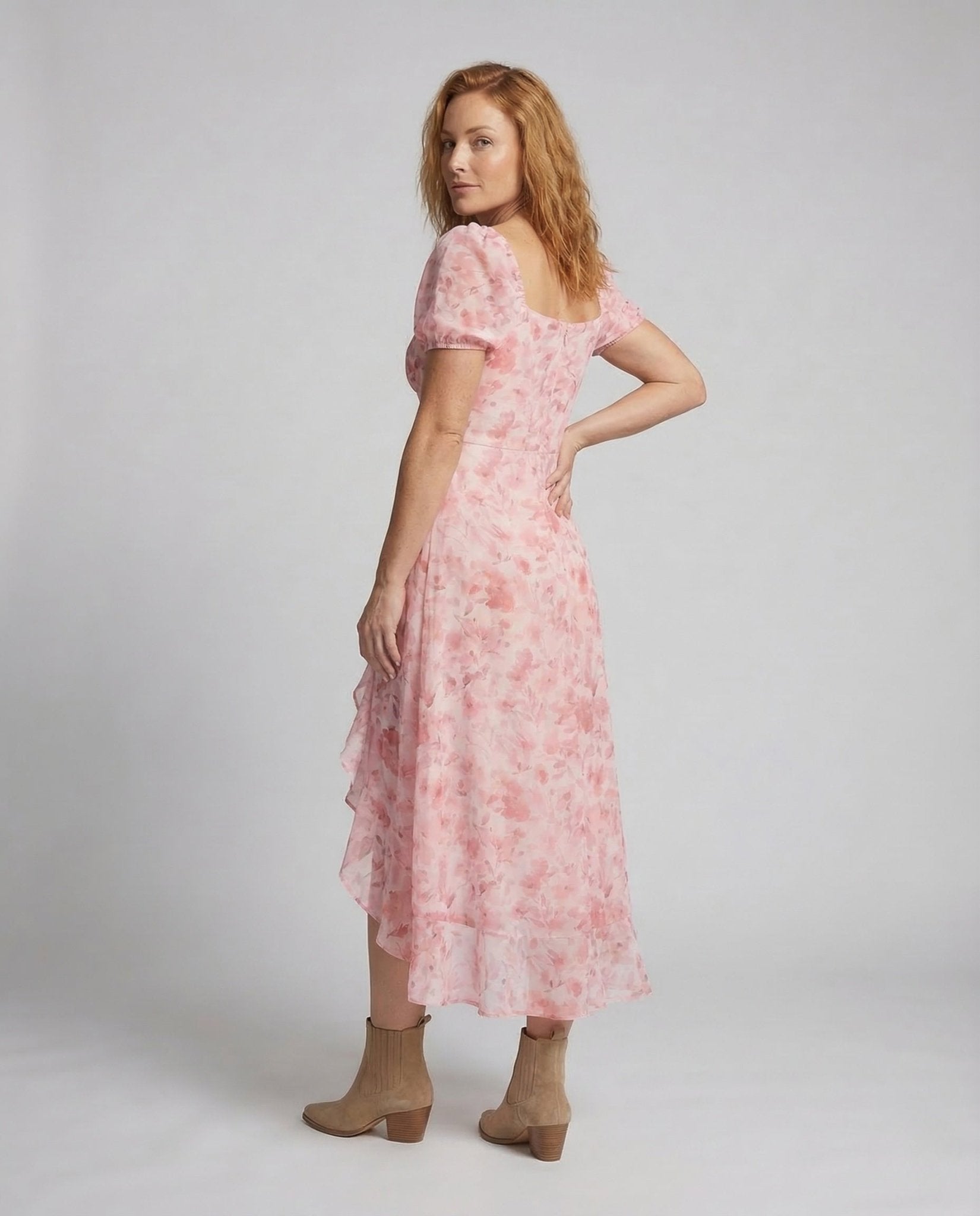 Women's Maxi Dress Puff Sleeves Ruffled Hem - Chichicherry
