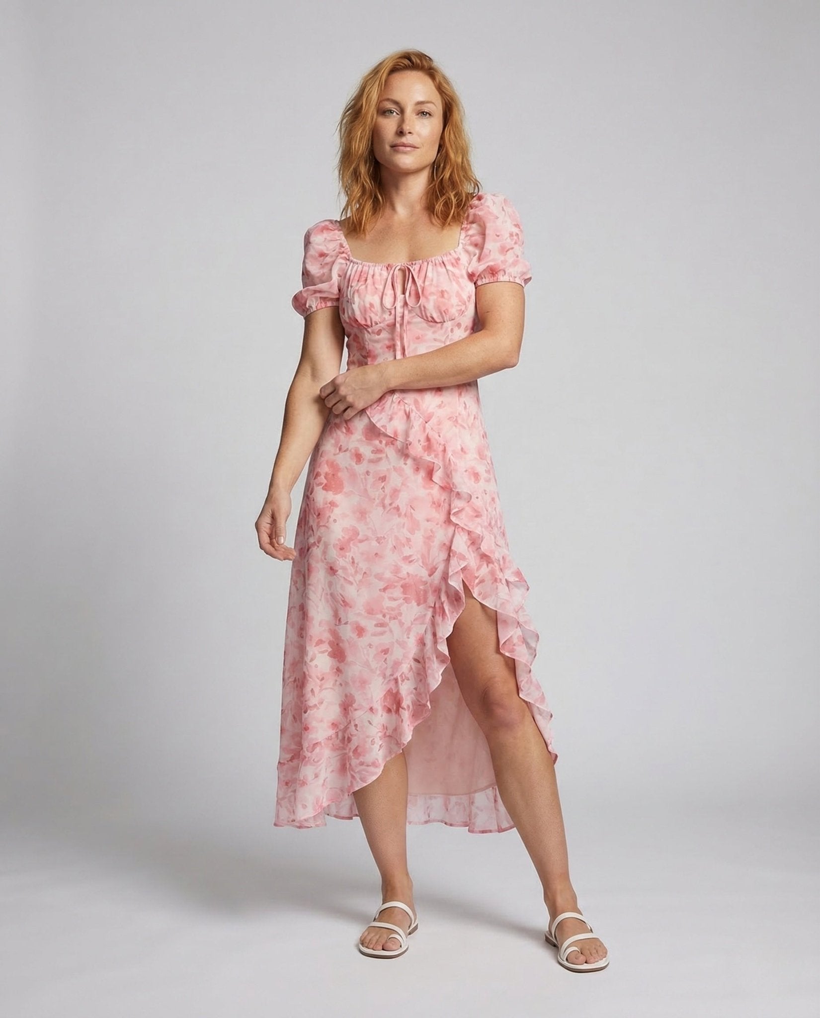 Women's Maxi Dress Puff Sleeves Ruffled Hem - Chichicherry