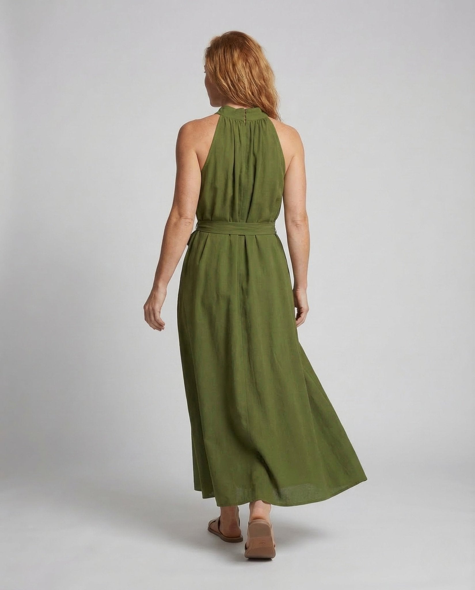 Women's Maxi Dress Stand Collar Linen Look - Chichicherry