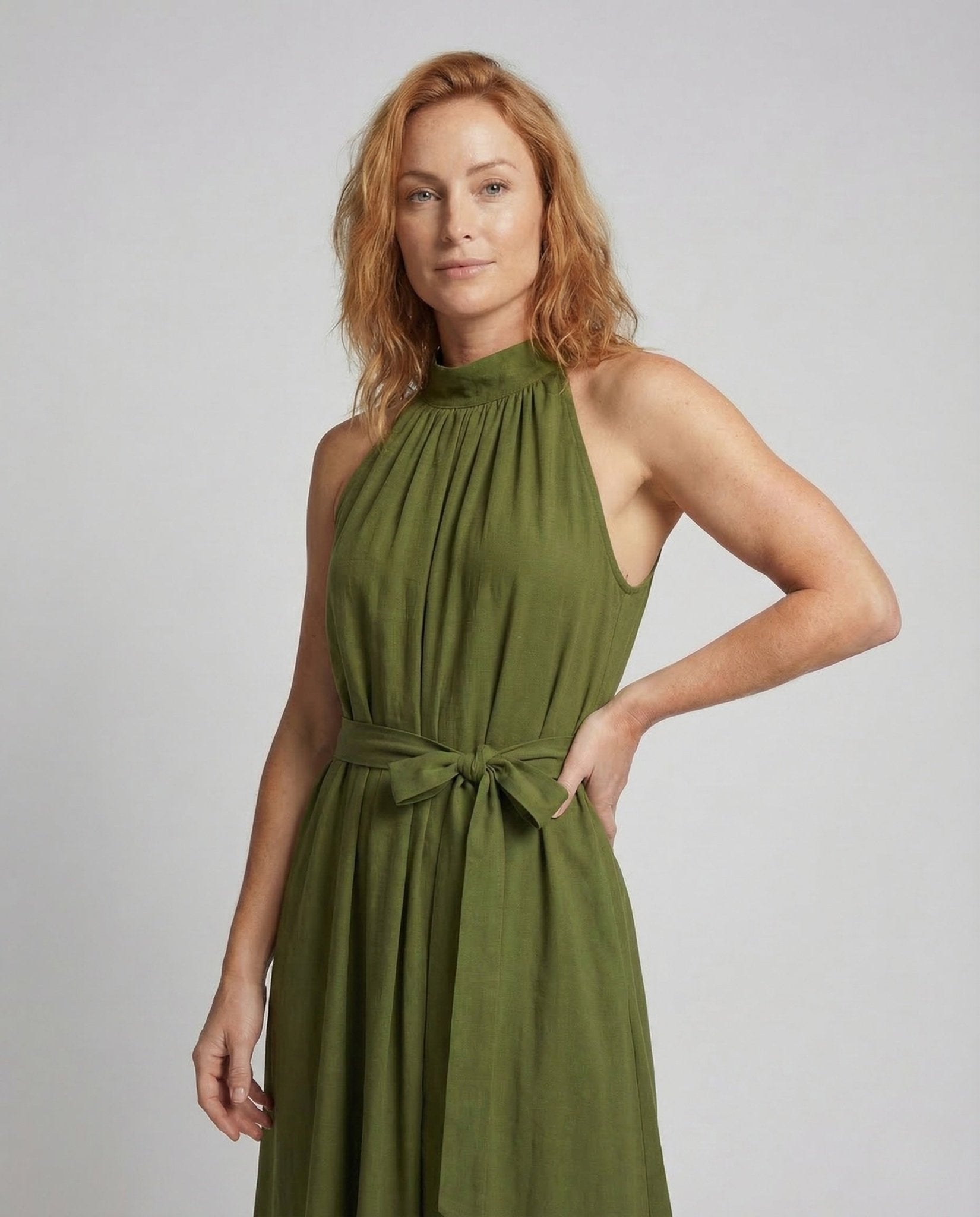 Women's Maxi Dress Stand Collar Linen Look - Chichicherry