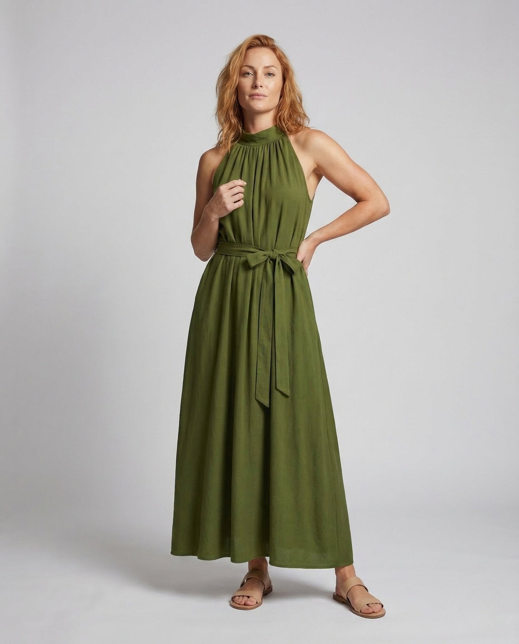 Women's Maxi Dress Stand Collar Linen Look - Chichicherry