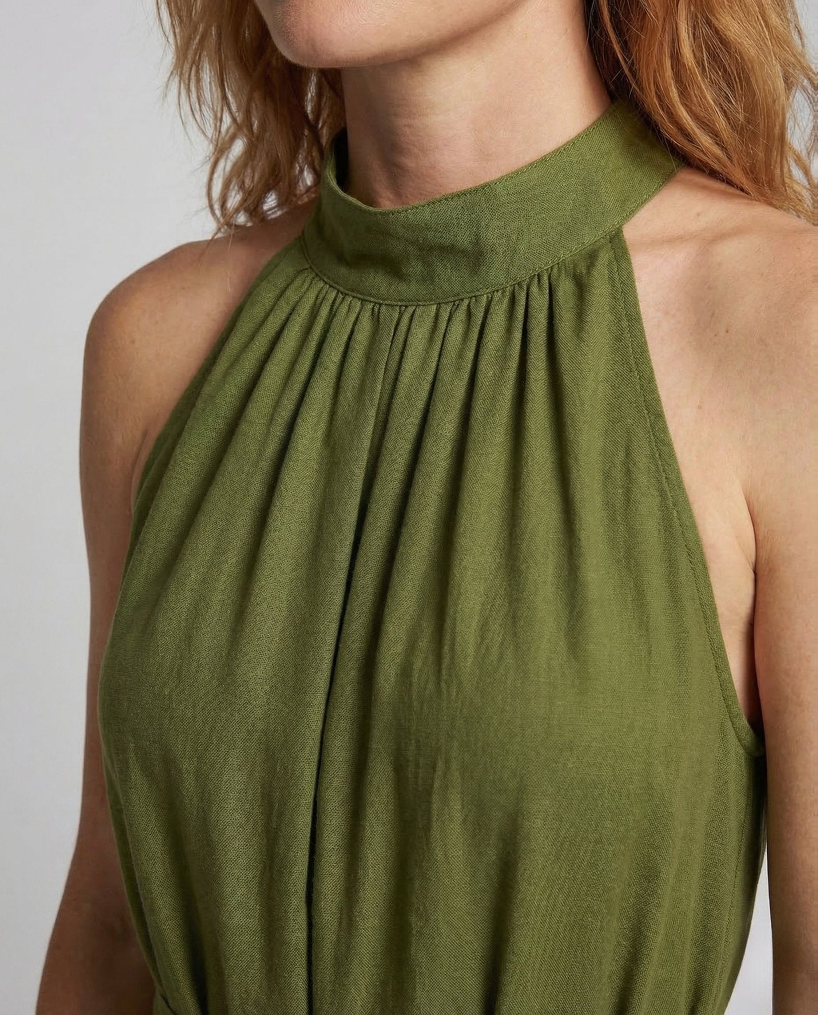 Women's Maxi Dress Stand Collar Linen Look - Chichicherry