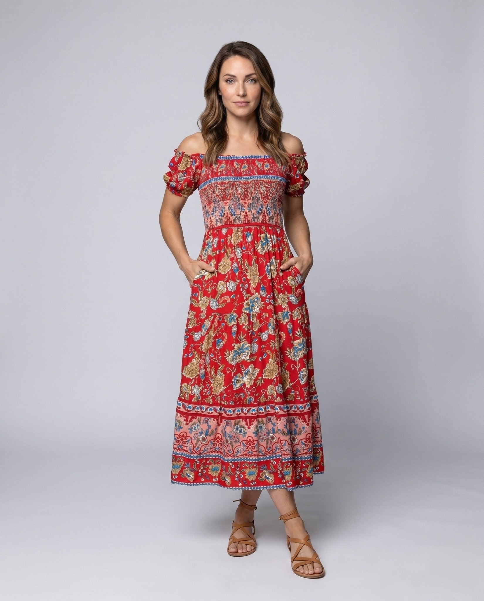 Women's maxi dress with an elegant off-shoulder cut and floral patterns - Chichicherry