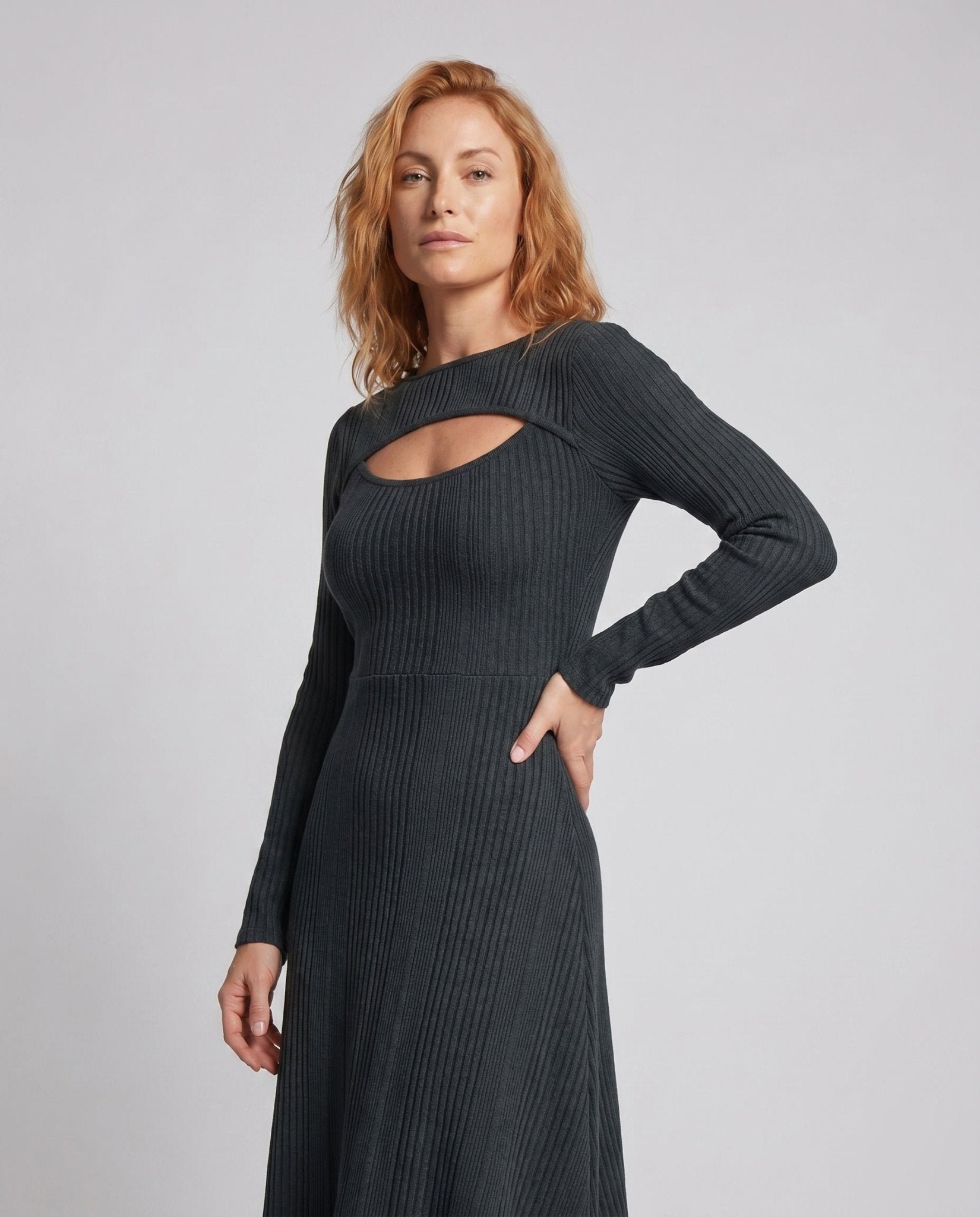 Women's maxi dress with asymmetric hem and elegant cut-out details - Chichicherry