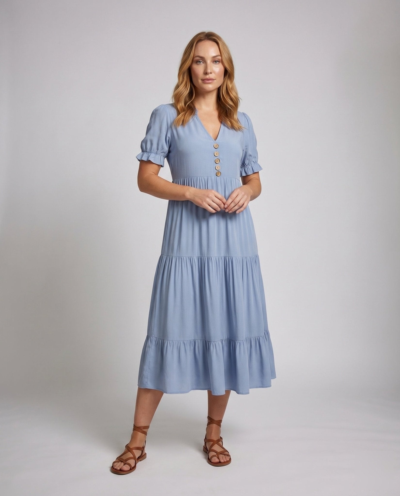Women's maxi dress with button placket and ruffle details - Chichicherry