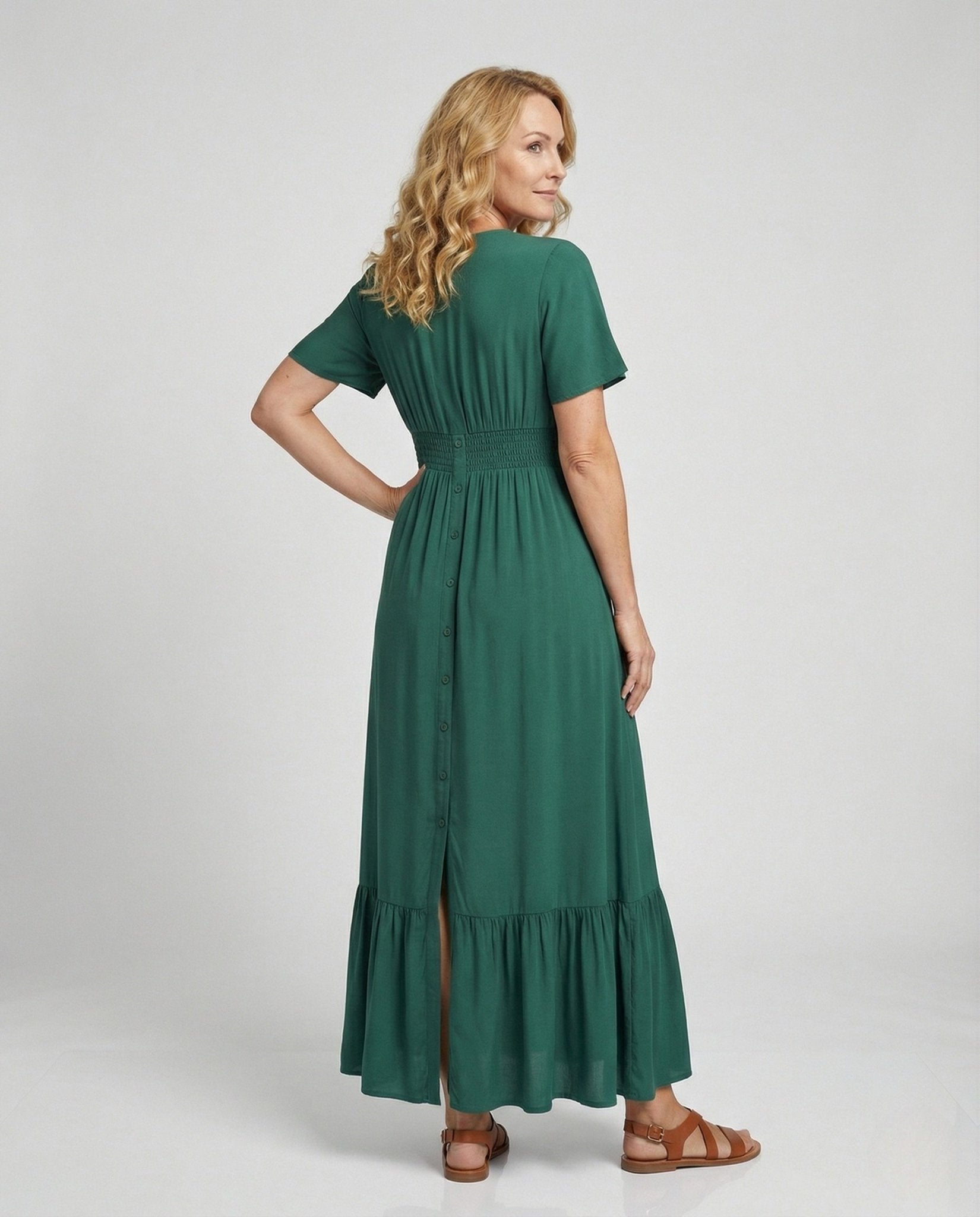 Women’s maxi dress with button placket and tiered ruffle - Chichicherry