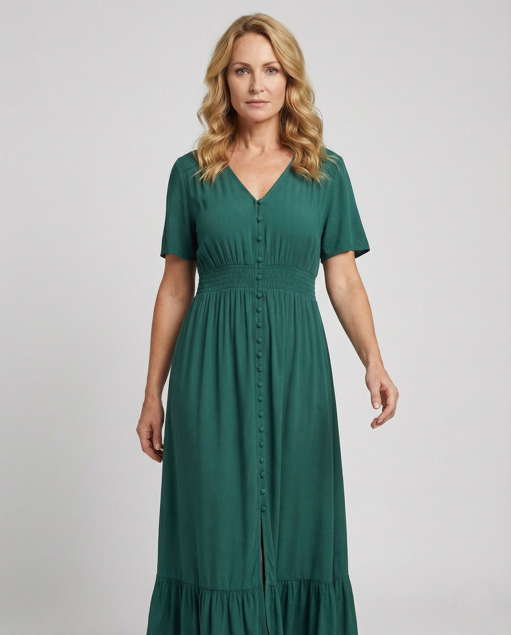 Women’s maxi dress with button placket and tiered ruffle - Chichicherry