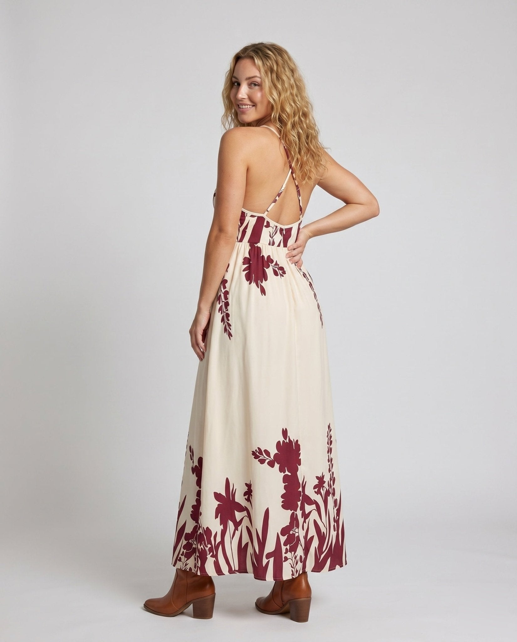 Women's Maxi Dress with Deep V-Neck and Floral Patterns - Chichicherry