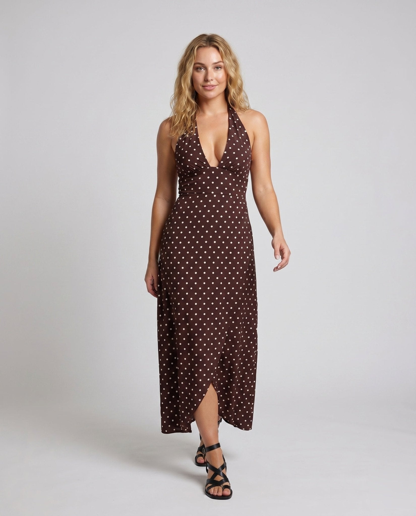 Women's maxi dress with deep V-neck and playful polka dot look - Chichicherry