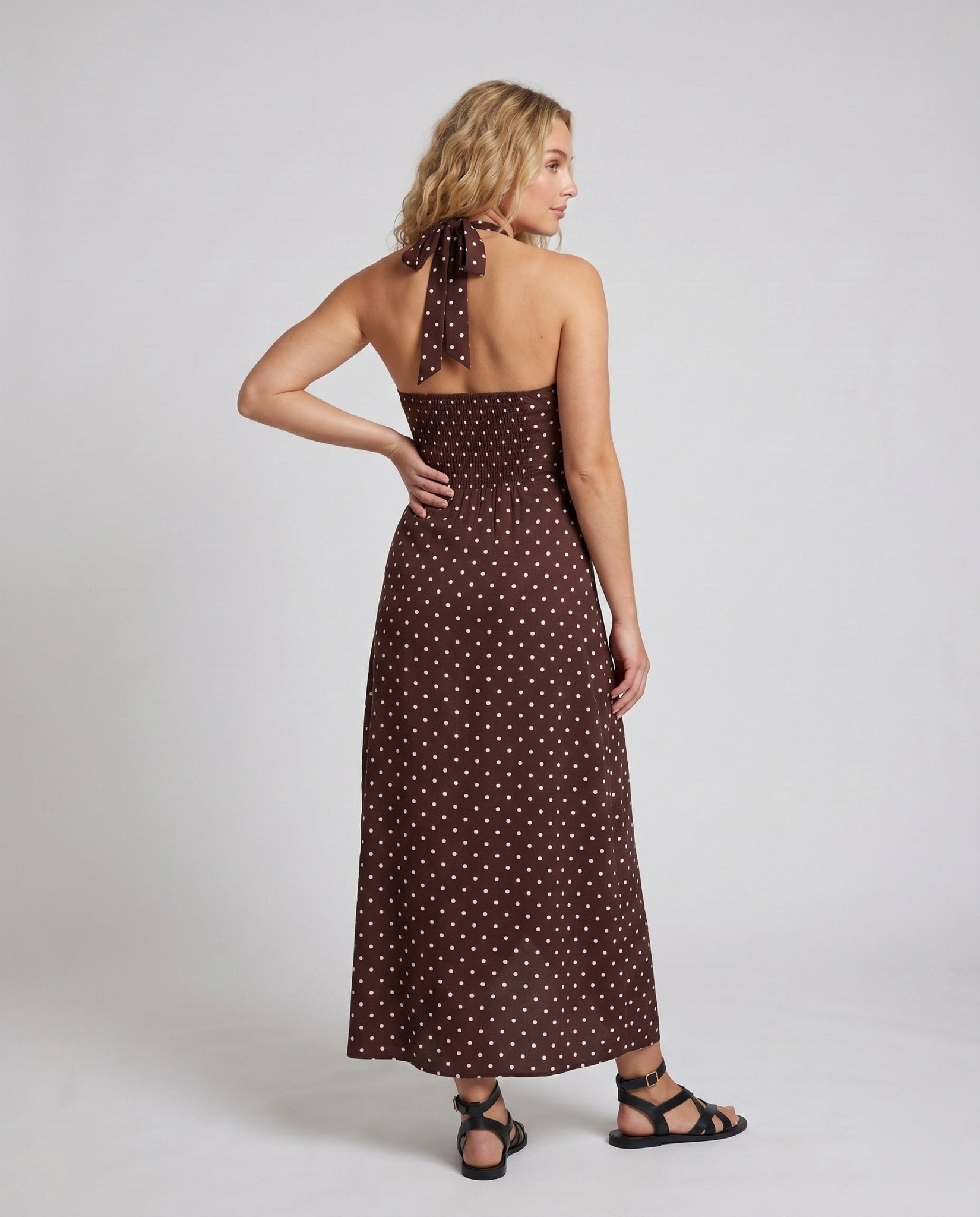 Women's maxi dress with deep V-neck and playful polka dot look - Chichicherry