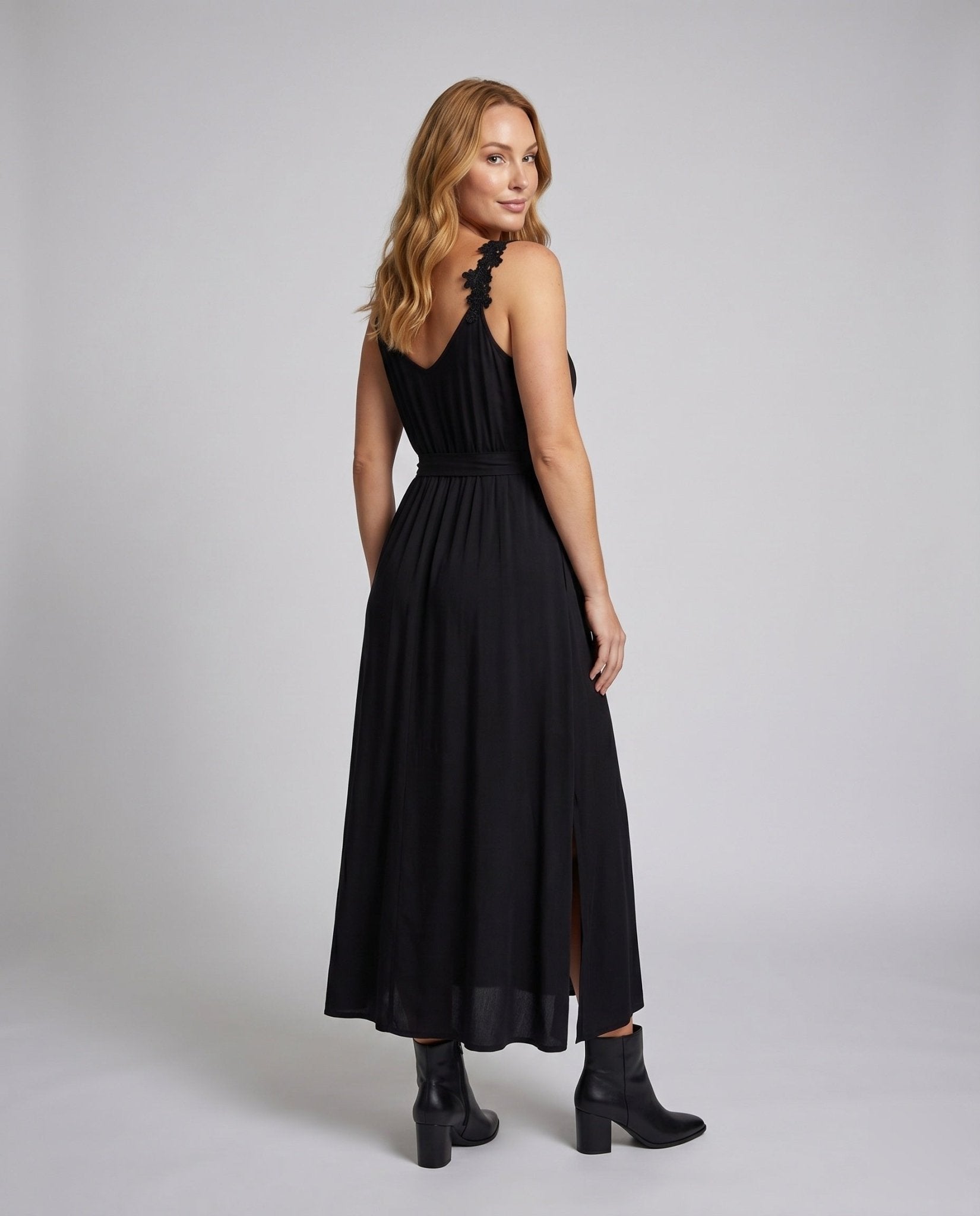 Women's maxi dress with delicate lace accents and chic waist belt - Chichicherry