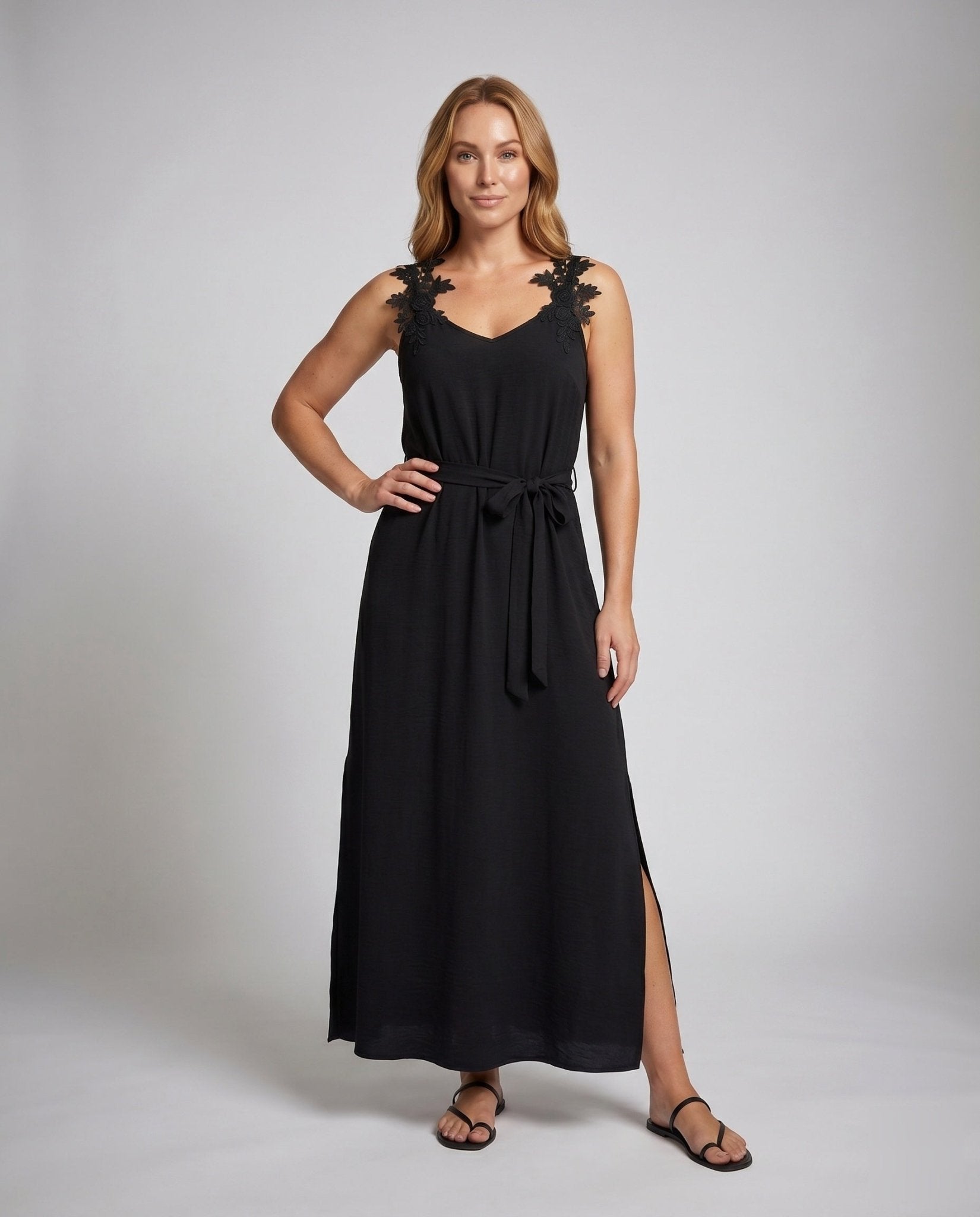 Women's maxi dress with delicate lace accents and chic waist belt - Chichicherry