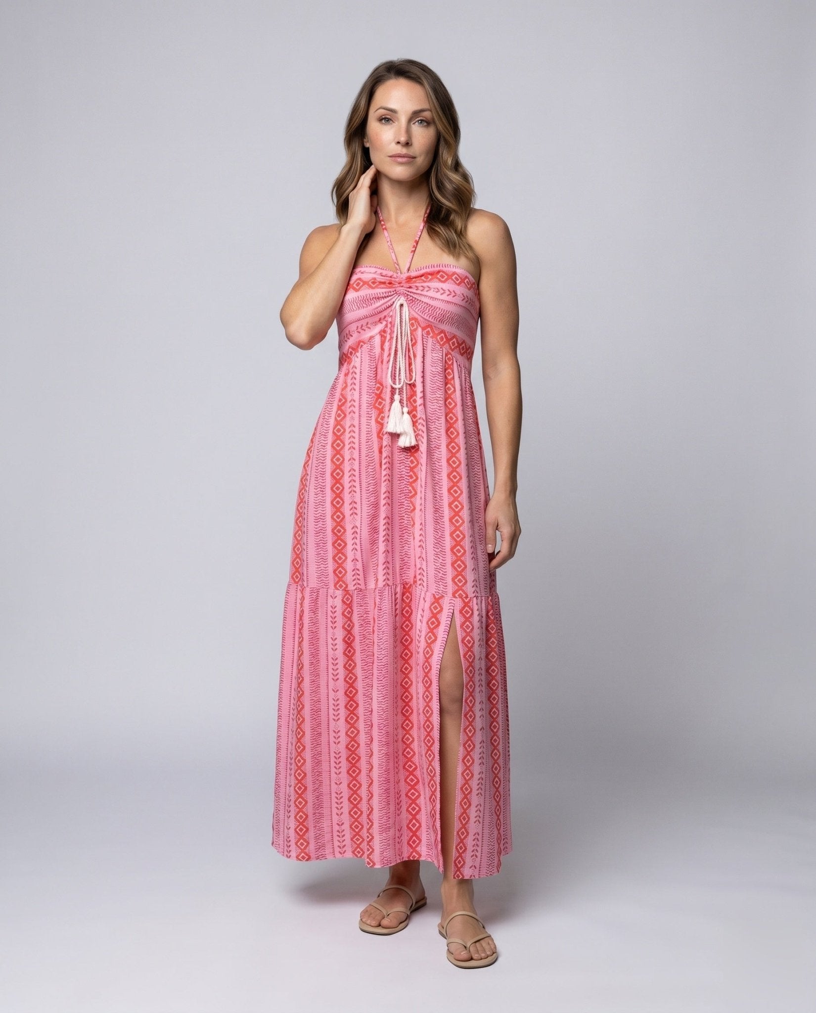 Women's maxi dress with elastic bodice and playful ruffled hem - Chichicherry